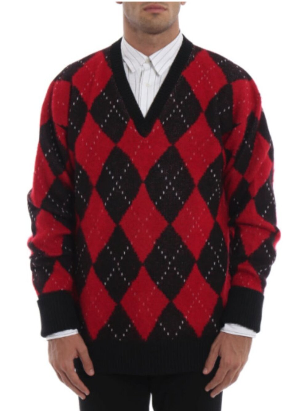 Alexander McQueen Black Red Argyle Wool Mohair Blend V-neck Oversize Sweater S